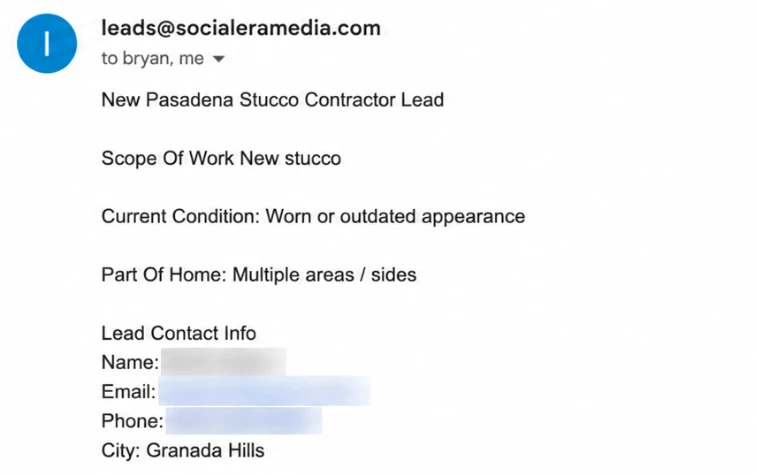 Lead email for a Pasadena stucco contractor showing scope of work, current condition, part of home and contact info