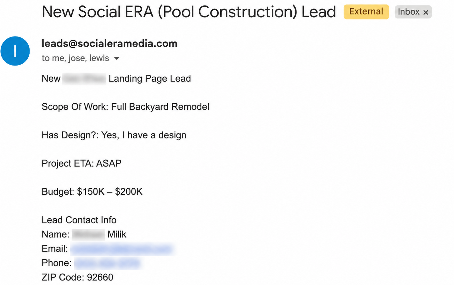 Lead email from a Social ERA landing page showing scope of work, design status, project ETA, budget and contact info