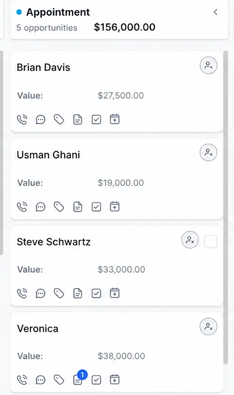 Pipeline board showing leads moving through appointment, estimate sent and closed stages, with counts and total value for each stage